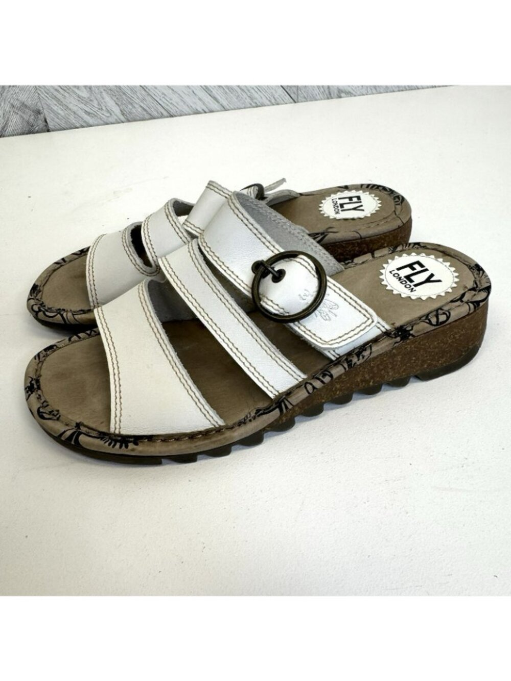 Fly London Theafly White Sandals Shoes Womens EU 39 US 8 Slip On Buckle Leather - Picture 4 of 8